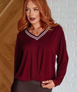 All Out Comfort V-Neck Pullover in Red Merlot Ave Shops