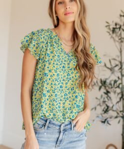 Anywhere We Go Flutter Sleeve Top in Blue Combo - Fashion Are Us